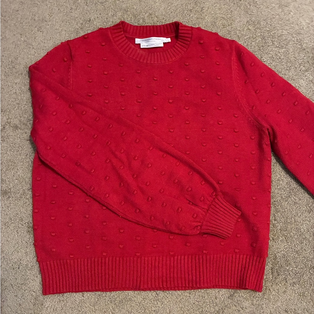 Simons Women’s Red pom Pom puff sleeve Sweater